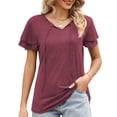 thumbnail image 3 of Mengpipi Womens Plus Size Tops Ruffle Sleeve Lace-Up V-Neck Shirts Loose Fit Casual T-Shirts Wine M-4X, 3 of 6