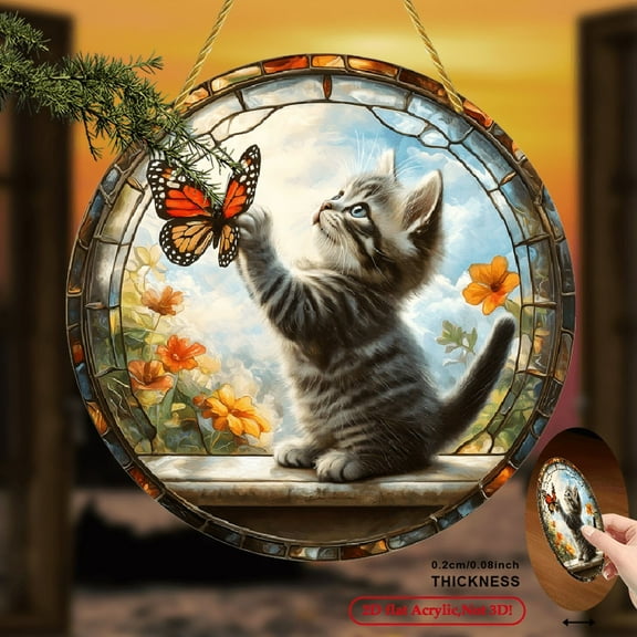 2D Flat, 1pc, cute kitten theme, suncatcherss, acrylic round window hanging, acrylic stained window decoration for home, yard and garden, 2D Flat CC-Acrylic 8*8inch