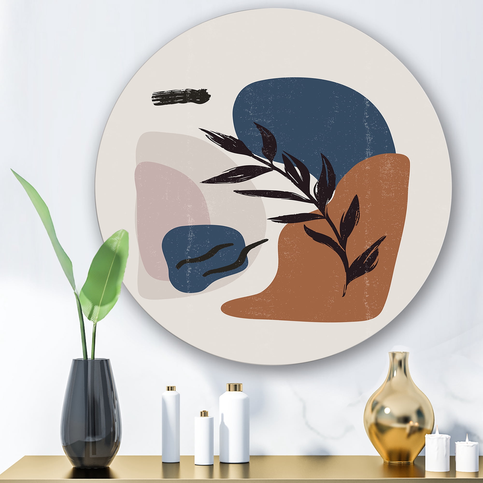 Designart 'Boho Minimalist Botanical Vintage Print' Modern Circle Metal Wall Art 23x23 - Disc of 23