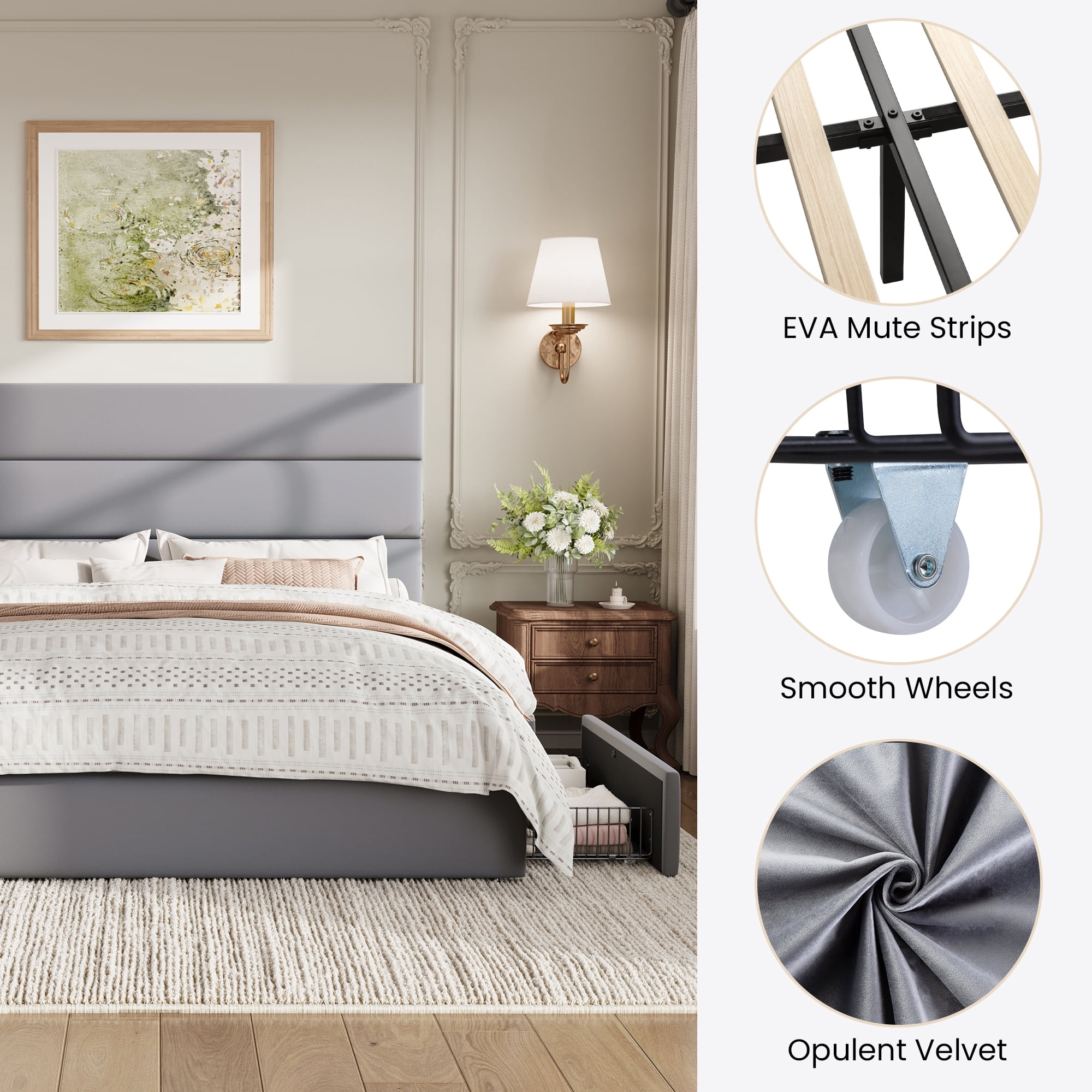 Sha Cerlin Full Size Platform Bed Frame with 4 Storage Drawers, Velvet Upholstered Headboard, Gray