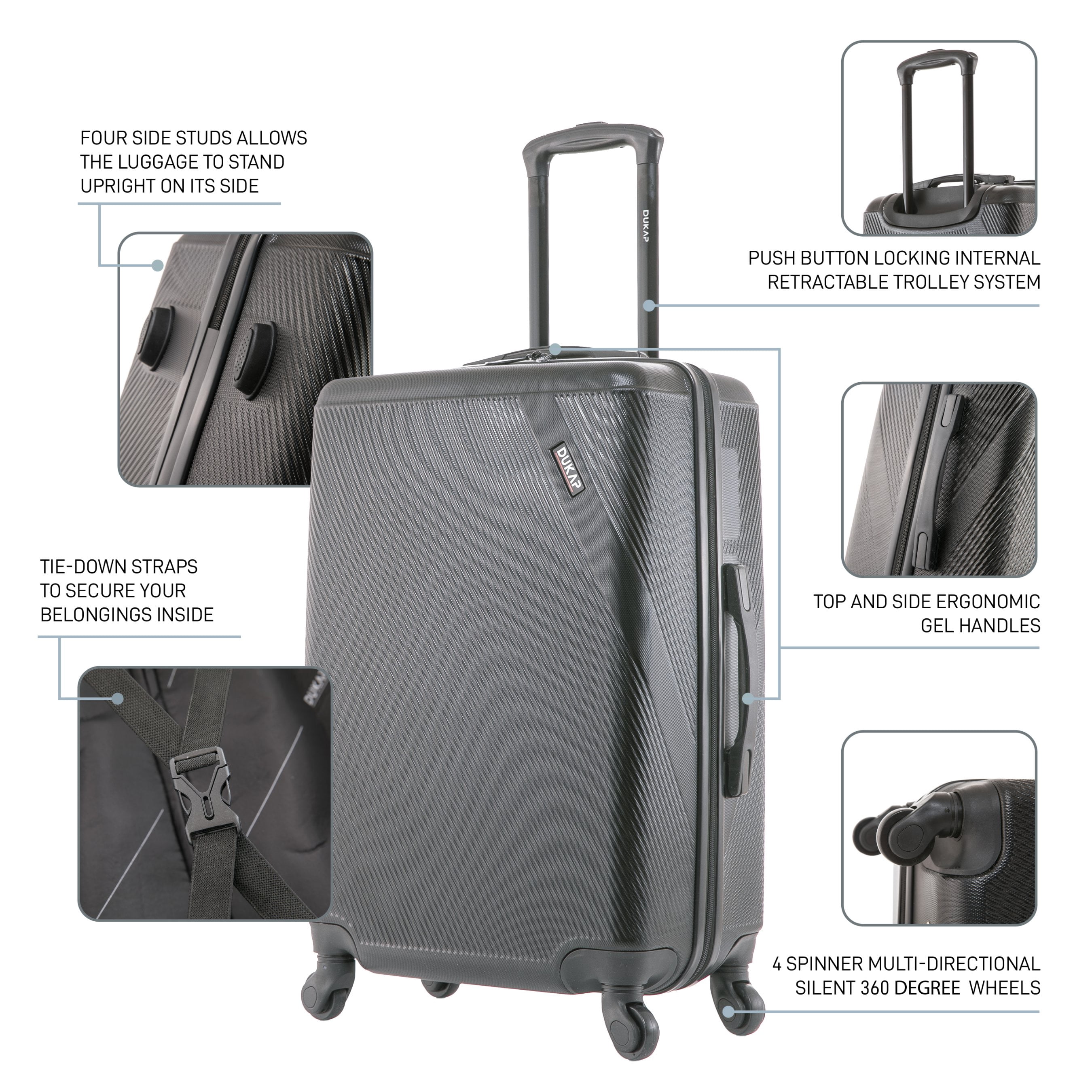 DUKAP Discovery 3-Piece Hardside Luggage Sets with Spinner Wheels, Handle and Trolley, (20"/24"/28"), Black