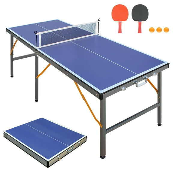 Mid Size Table Tennis Pong Table,5ft Foldable & Portable Ping Pong Table Set for Indoor Games with Net, 2 Table Tennis Paddles and 3 Balls