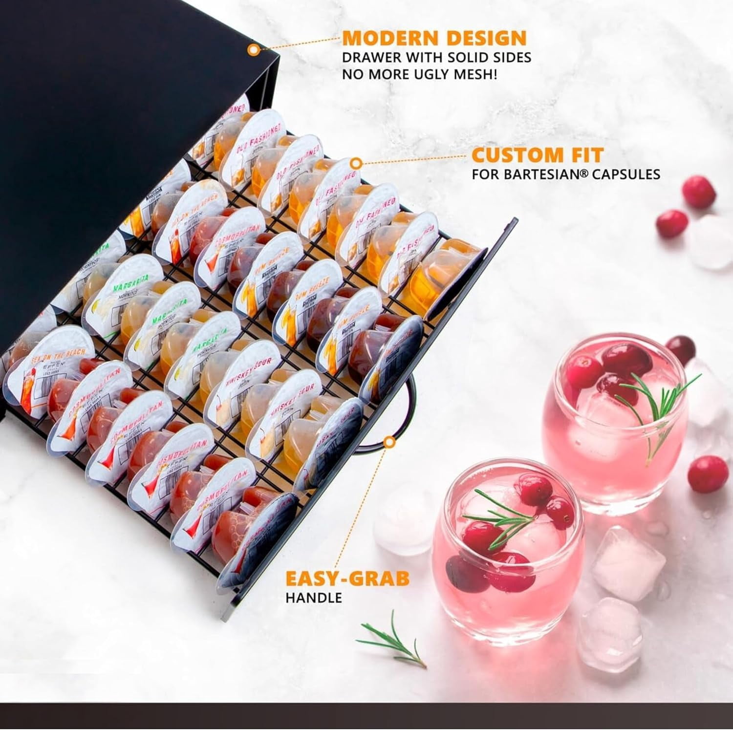 Ksestor Bartesian Capsules Storage Organizer, Metal Drawer Holds 40 Cocktail Mixers for Home Bar