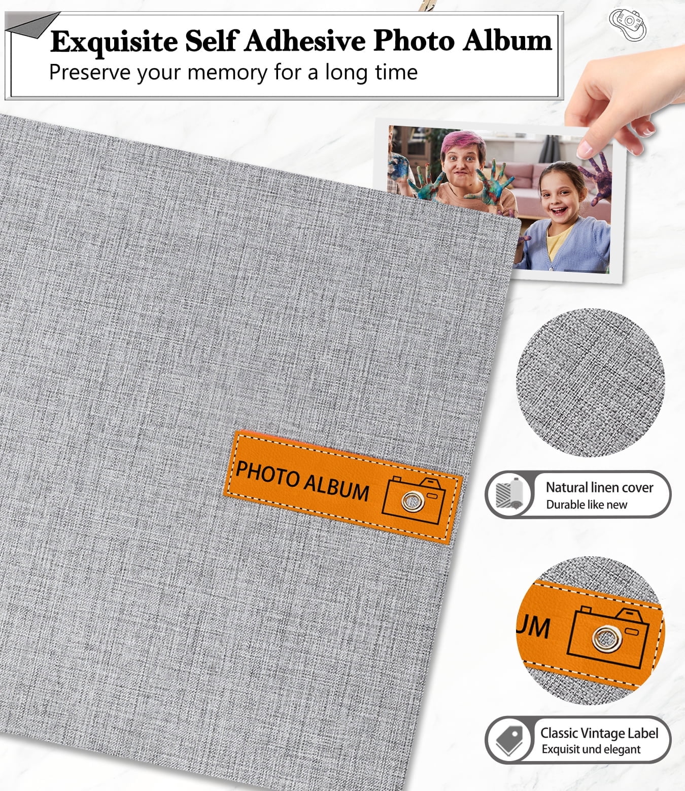 Bevtee 60 Pages Large Photo Album Self Adhesive 4x6 5x7 8x10 Scrapbook DIY Picture, with Pen and Plastic Board,Perfect for Moms, Families, Babies, and Weddings, Grey, 13" x 12.6"