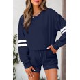 thumbnail image 5 of Women's Navy Blue Varsity Striped Sleeve Drop Shoulder Sweatshirt & Short Set – Casual Fall Outfit | L, 5 of 5