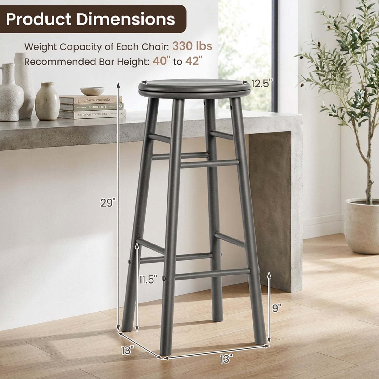 Furnibear 29" Swivel Bar Stools Set of 2 with Footrests & Crossbars for Kitchen Island Counter Bar Pub Dining Home, Gray