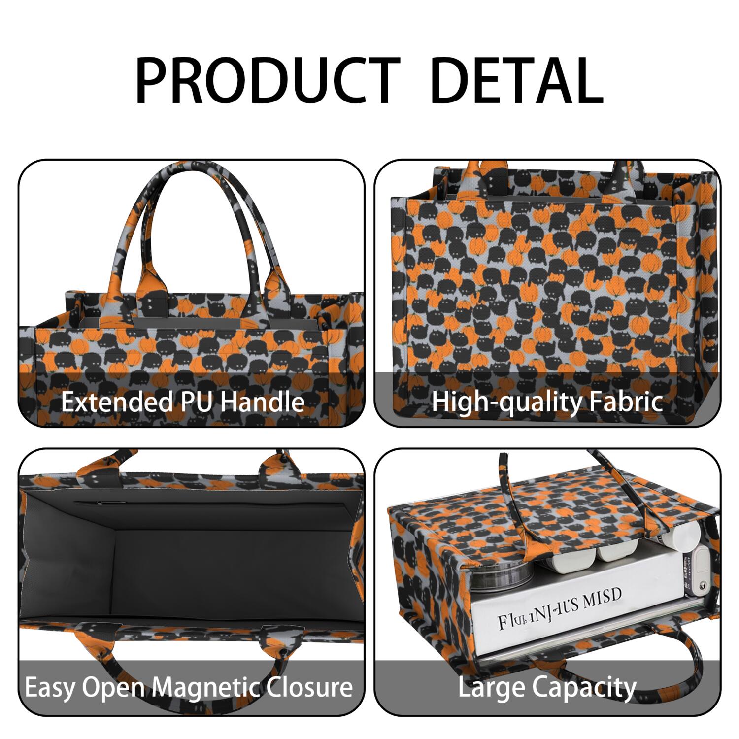 Large Capacity Tote Bag,Halloween Black Cat Pumpkin Pattern Handbag Fashion Luxury Tote Bag,15.7"x13"x 5.1" Inches,Laptop Compatible