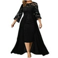 thumbnail image 2 of Teissuly Women Versatile Comfort Temperament Solid Color Long Sleeved Black Silk Long Sleeved Lace Splicing Add Half Body Gauze Skirt Dress Set, 2 of 6