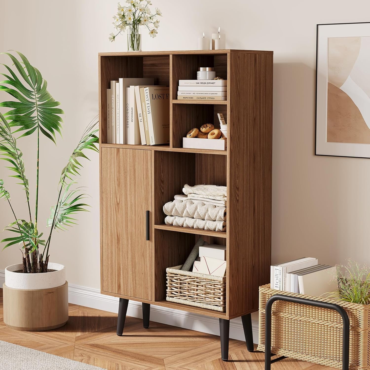 4 Tier Mid-Century Small Bookcase with Legs, Freestanding Wood Short Bookshelf with Door, Multi-Functional Walnut Cube Storage Organizer for Living Room, Bedroom, Home Office