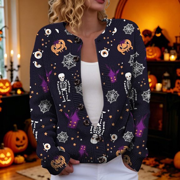 Women's Crew Neck Halloween Knit Cardigan Ghost Floral Pattern Button Down Casual Knitted Outerwear Sweater for Fall Winter