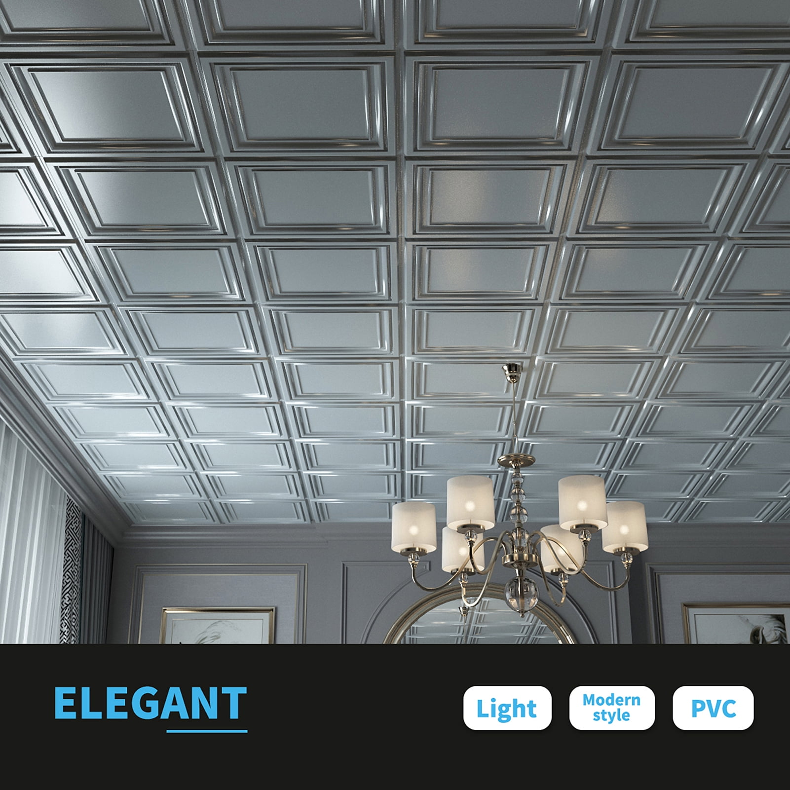 Art3d PVC Ceiling Tiles, 2'x2' Plastic Sheet in Gray (12-Pack)