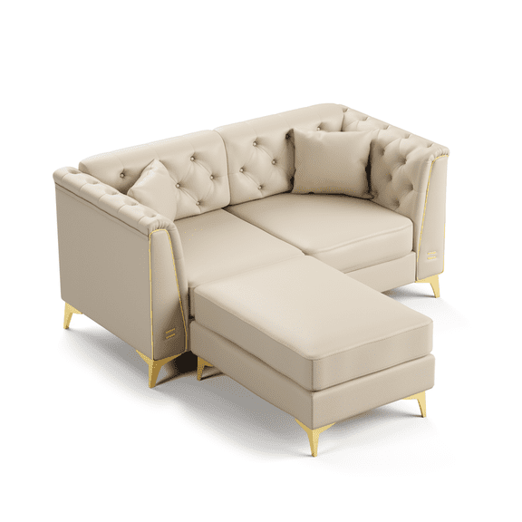 QuzyAor 61.8" Faux Leather Loveseat & Ottoman, 2 Seater Button Tufted Sofa Couch with Gold Legs & 2 Pillows, Beige for Living Room Office Apartment