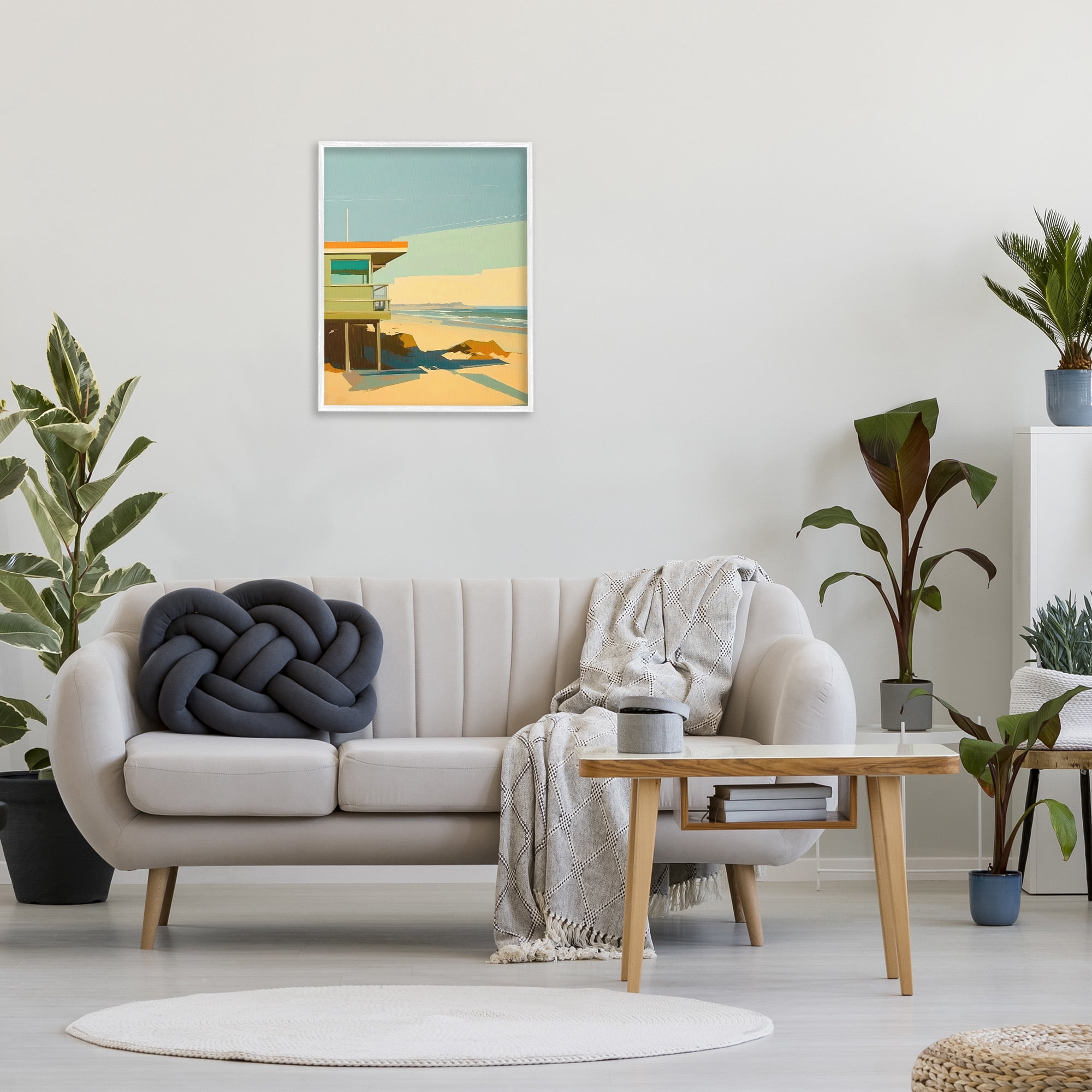 Stupell Industries Modern Sunlit Beach Hut Landscape Painting White Framed Art Print Wall Art, 24 x 30