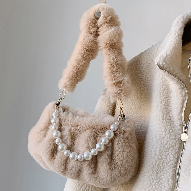 Bolso de mano elegante para mujer, Bolso ligero con cuentas de perlas, Bolso de citas de piel sintética para mujer
