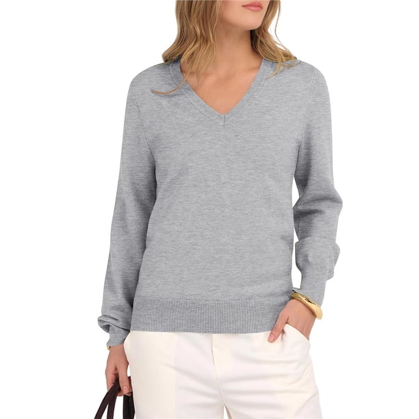 Suéter de Larga con Cuello en V para Mujer, Estilo Casual Clásico de Otoño, Suave y Holgado, Básico, Tipo Jersey Plateado L
