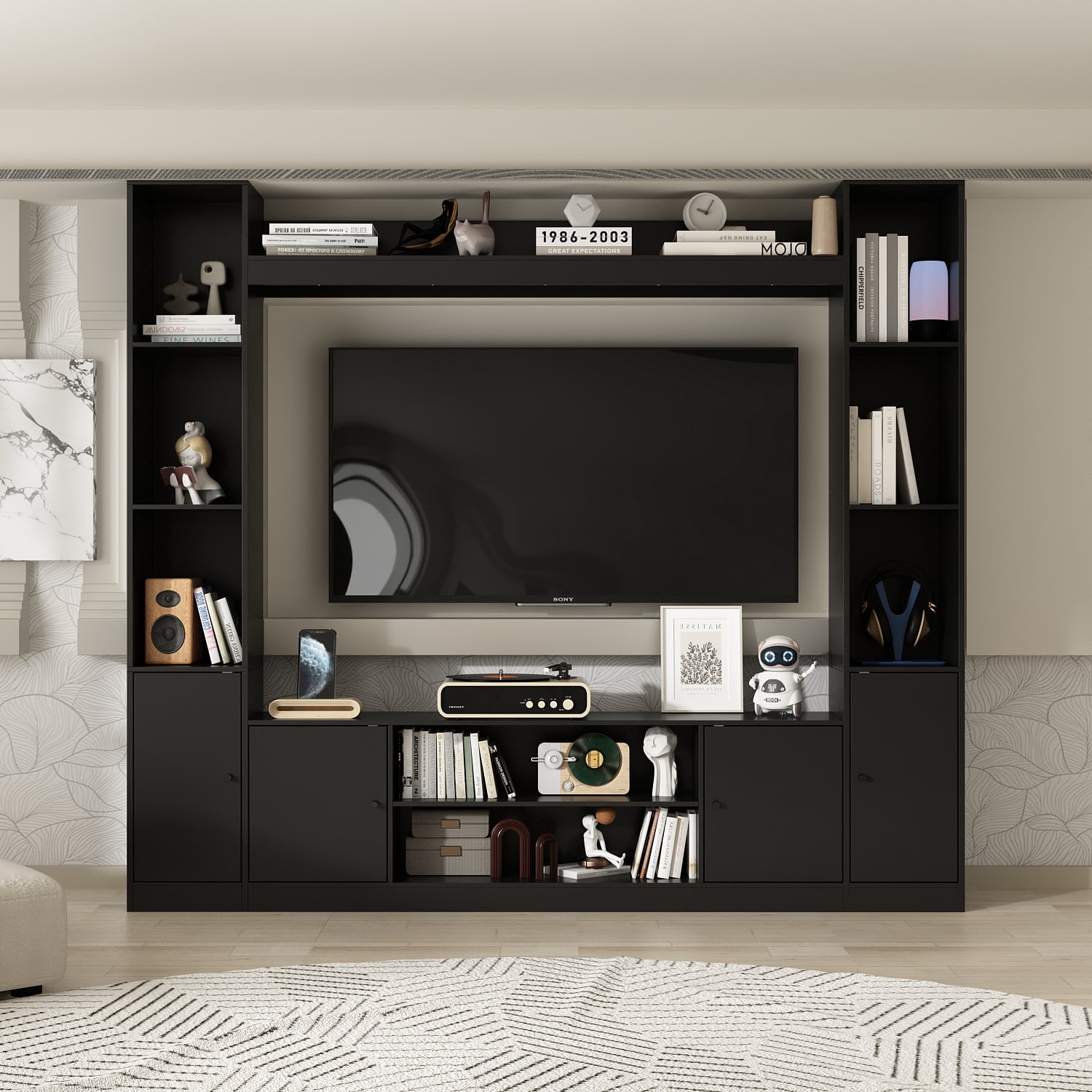 KULAGAGA Entertainment Center with Bookshelves Modern Media Center with Open Shelves & Bridge TV Wall Unit with Doors, for Living Room Black
