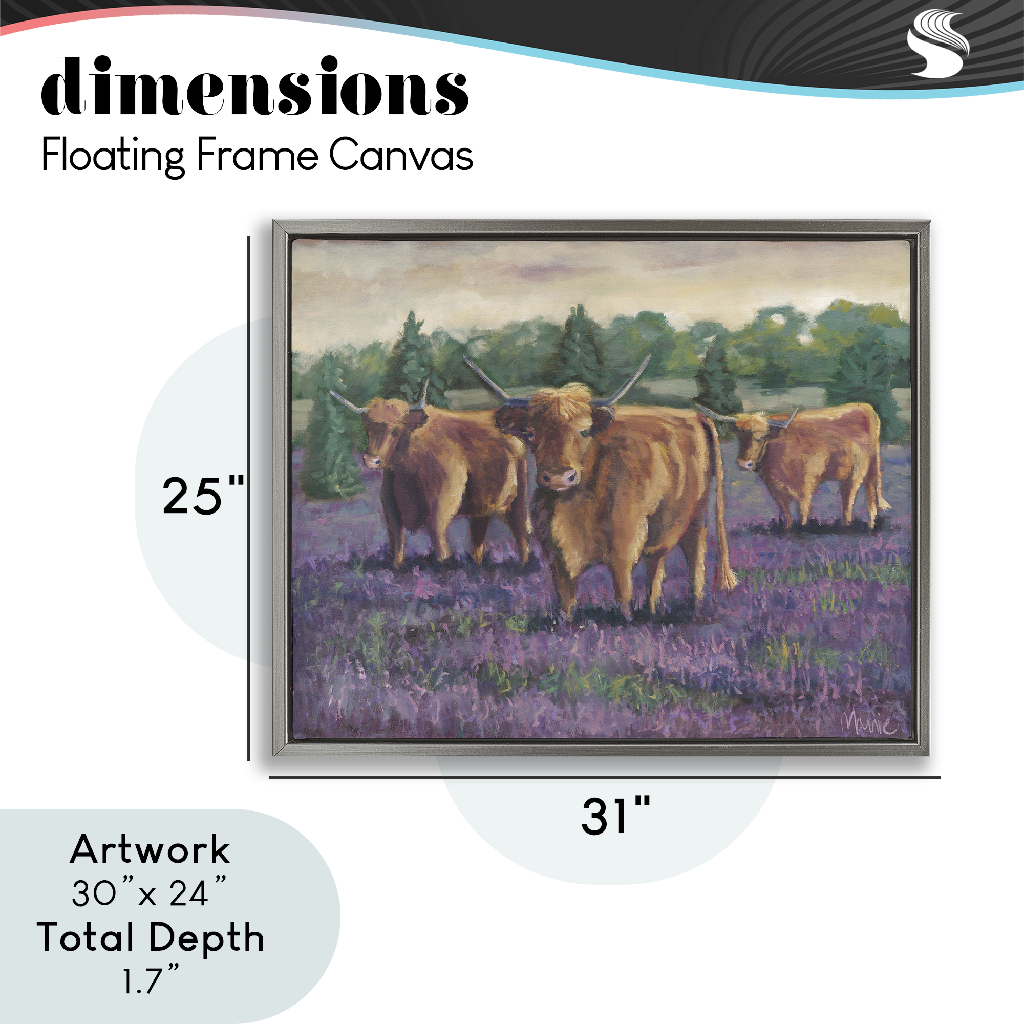 Purple Fields & Cows Gray Framed Floater Canvas Wall Art, design by Marnie Bourque