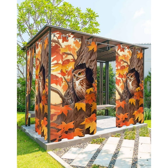 Outdoor Curtains for Patio, Fall Owl Waterproof Blackout Outside Curtain for Porch/Pergola/Gazebo, Orange Yellow Maple Leaf Botanical Thanksgiving Thermal Insulated Drapes, 1 Panel, 54 x 108 Inch
