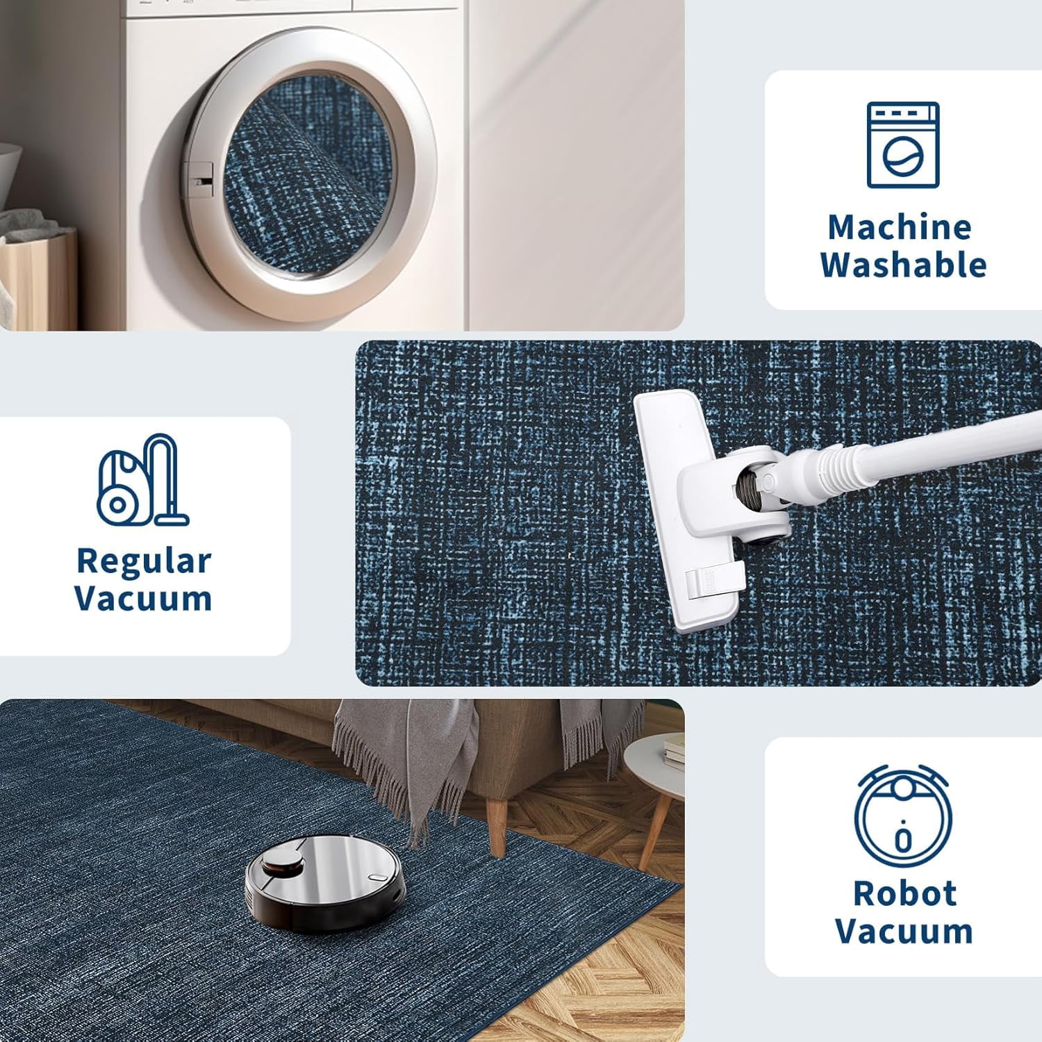 Memoryfield 9' x 12' Modern Area Rug, Washable Floor Cover, Non-Slip, Stain-Resistant Low-Pile Carpet for Living Room, Bedroom, Dining Room, Blue
