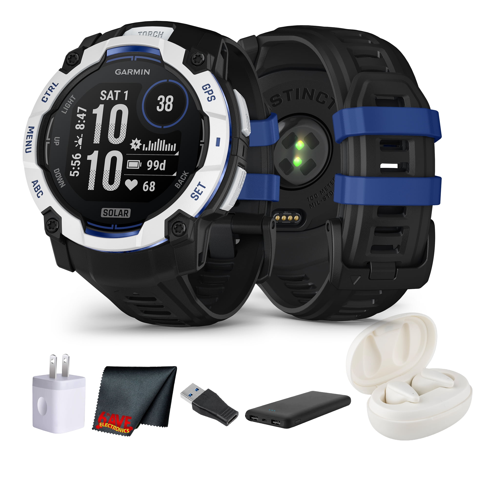 Garmin Instinct 3 Solar Rugged GPS Smartwatch, 50 mm Case, Unlimited Battery with Solar Charging, Multi-Band GPS, Built-In Flashlight, Whitestone with Black/Bolt Blue Band (Supernova Collection)