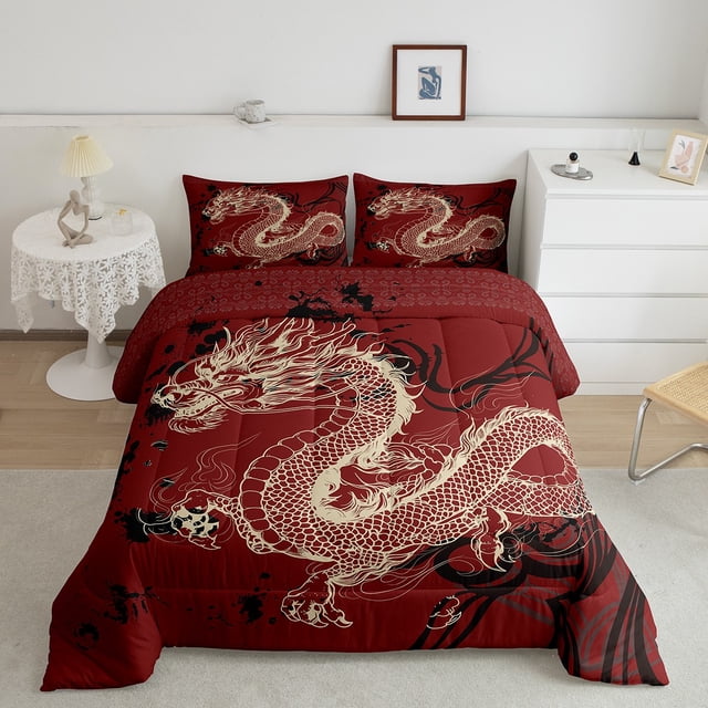 Erosebridal Dragon Print Bedding Queen Comforter Set, Japanese Style Down Comforter, Watercolor Geometric Decor, 3pcs