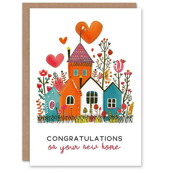 Congratulations on Your New Home Card – Colorful House and Heart Design – Blank Inside with Envelope Included – Perfect Gift for Housewarming Celebrations