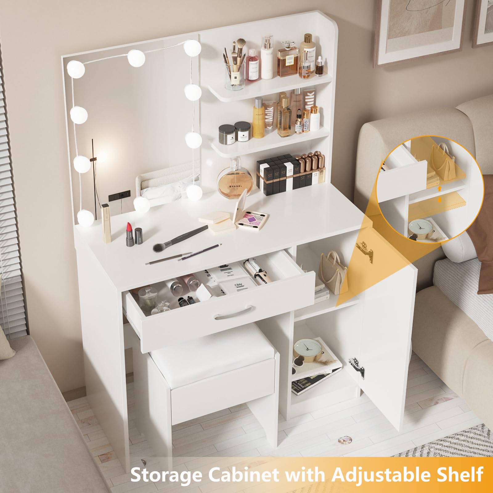 VEANERWOOD Makeup Vanity Table Set with Lighted Mirror Drawer, Shelves and Cushioned Stool, White - image 4 of 10