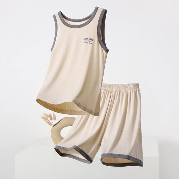 Amidoa Boys Girls 2 Piece Outfits Summer Clothes Short Sleeve Soft T Shirts and Casual Shorts Kids Clothing Sets Beige Size 10
