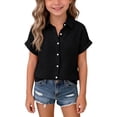 thumbnail image 2 of Resicozy Girls Button Down Linen Shirts for Kids Summer Short Sleeve Dress Shirts Uniform Blouse 3-13 Years Black 120, 2 of 8