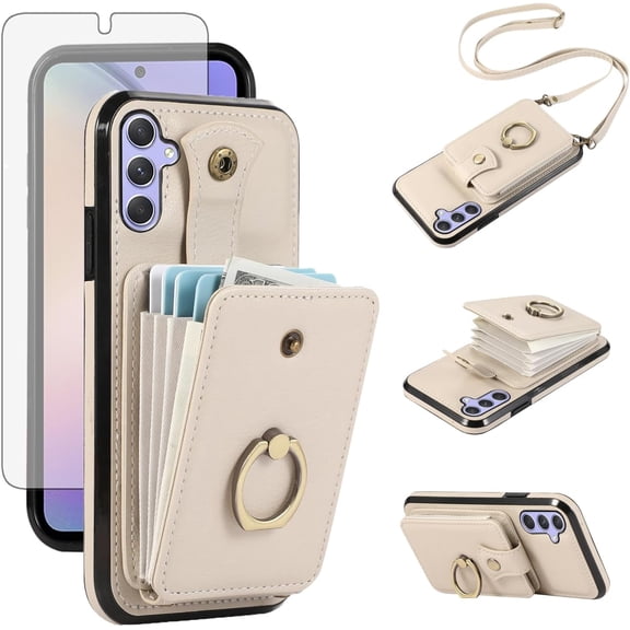 REQO Phone Case for Samsung Galaxy A15 5G/4G Wallet Cell Cover with Screen Protector and Crossbody Strap Ring Stand RFID Credit Slot ID Card Holder Kickstand Leather A 15 15A Women Girls Beige