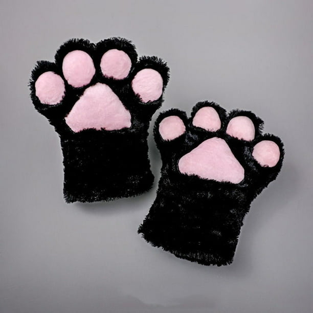 Guantes de piel sintética para gatos, manoplas para Cosplay, animales esponjosos, traje de piel de gato, patas, garras, guantes, accesorios de disfraz para adultos (negro)