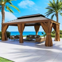 JolyDale 12' x 20' Outdoor Hardtop Gazebo, Wood Grain Galvanized Steel Double Canopy Aluminum Frame Gazebo with Netting and Curtains for Patio, Backyard, Lawns, Parties, Brown