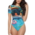 thumbnail image 2 of Uemuo Tropical Poolside Relaxation Pattern Women's One Piece Short Sleeve Swimsuit Rash Guard Surfing Modest Quick-drying Swimsuit Beach Essentials-X-Large, 2 of 9