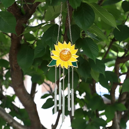Sunflower Wind Chimes Ornaments  Stained Glass Window Hanging Panel Decoration with Chain for Home Porch Garden Decor