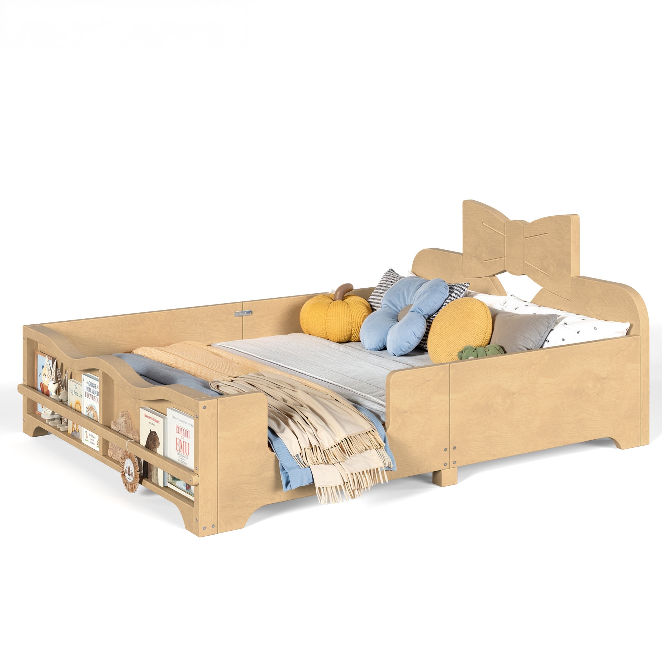 GDF Studio Full Size Kids Platform Bed with Bowknot Headboard, Guardrails & Bookshelf, Natural