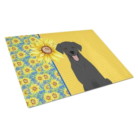 

Summer Sunflowers Black Labrador Retriever Glass Cutting Board Large 12 in x 15 in