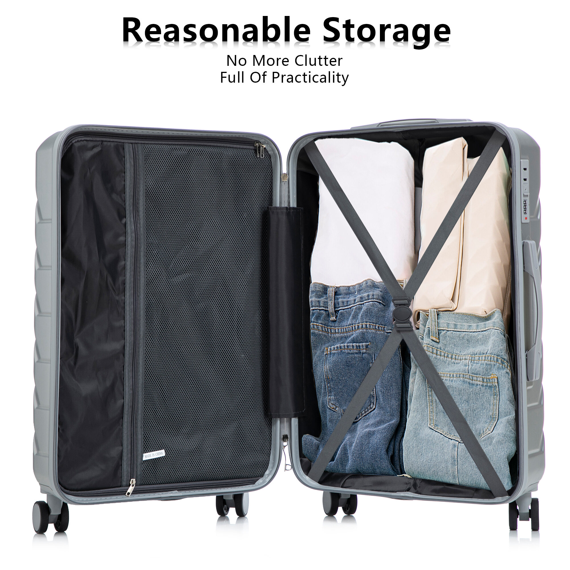 Hardside Suitcase, 20"/24"/28" 3 pcs/set in ABS Spinner Wheel Luggage, Matching Color , With Combination Lock (Silver), Silver Hardside Luggage,Abs Hardside Checked Luggage