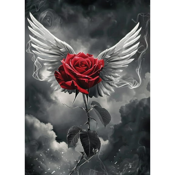 5D Diamond Art Painting Red Rose with White Wing DIY Paint with Full Drill Round Diamond Gems Painting by Number Kits for Adults Art Craft Home Wall Decor 15.8x19.8in