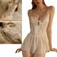 thumbnail image 3 of Camisón transparente de malla con tirantes finos y encaje para mujer, cuello en V, sin espalda, con lazo, lencería frontal, ropa interior con calzoncillos, color blanco, talla libre, 3 of 8