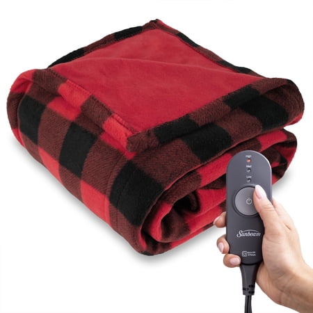 Sunbeam Red Black Buffalo Plaid Fleece Electric Heated Throw, 50" x 60", 3 Heat Settings, Fast Heating, Warming Throws with Auto-Shut Off, Machine Washable