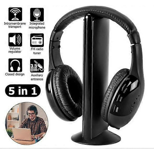 5 in 1 Hi-Fi Wireless Headset Headphone Earphone For FM Radio TV DVD MP3 PC