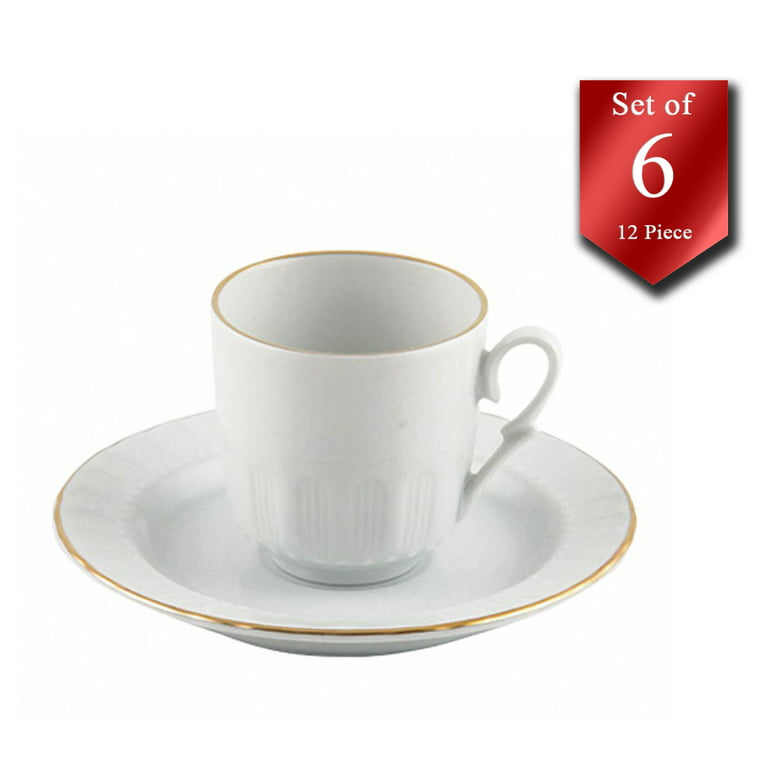 Turkish Coffee Cup Set of 6, Cuban Porcelain Fancy Espresso Cups with Saucers, White