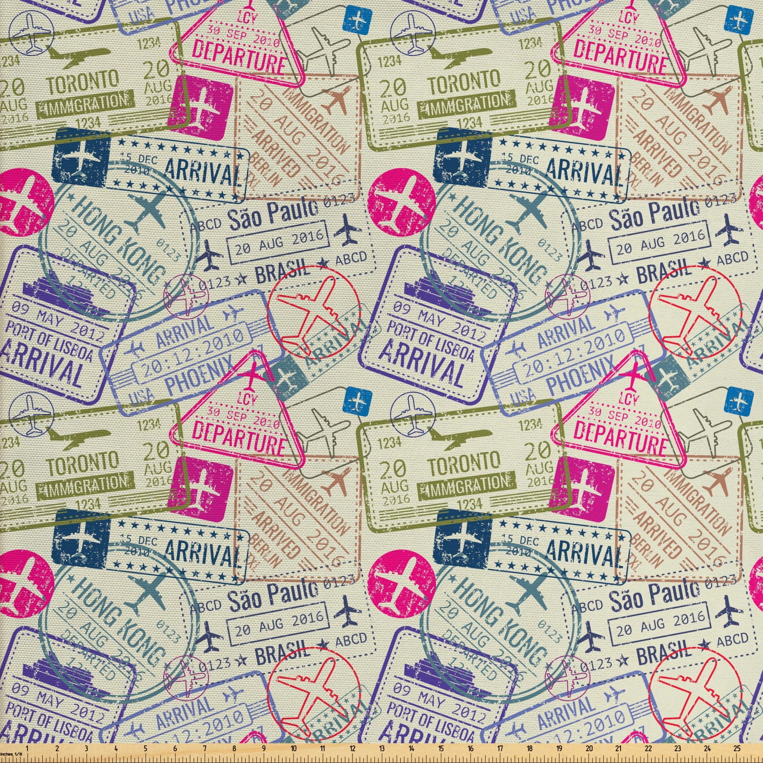 Travel Fabric by The Yard, Passport and Visa Stamps Illustration of