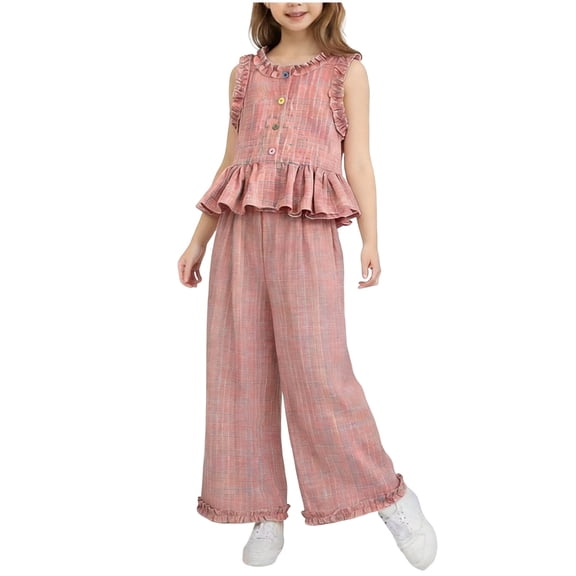 LEKWK Girls Chic Plaid Clothing Set Sleeveless Ruffle Trim Button-Down Peplum Top and Wide Leg Trousers Vintage Style Summer Outfit