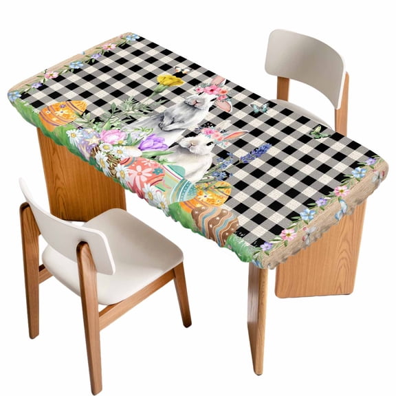 Easter Table Cloths for 3 Foot Rectangle Tables, Spring Rabbit Flowers Colorful Eggs Black Lattice Patio Waterproof Elastic Fitted Tablecloths, Washable Rectangular Table Cover for Camping