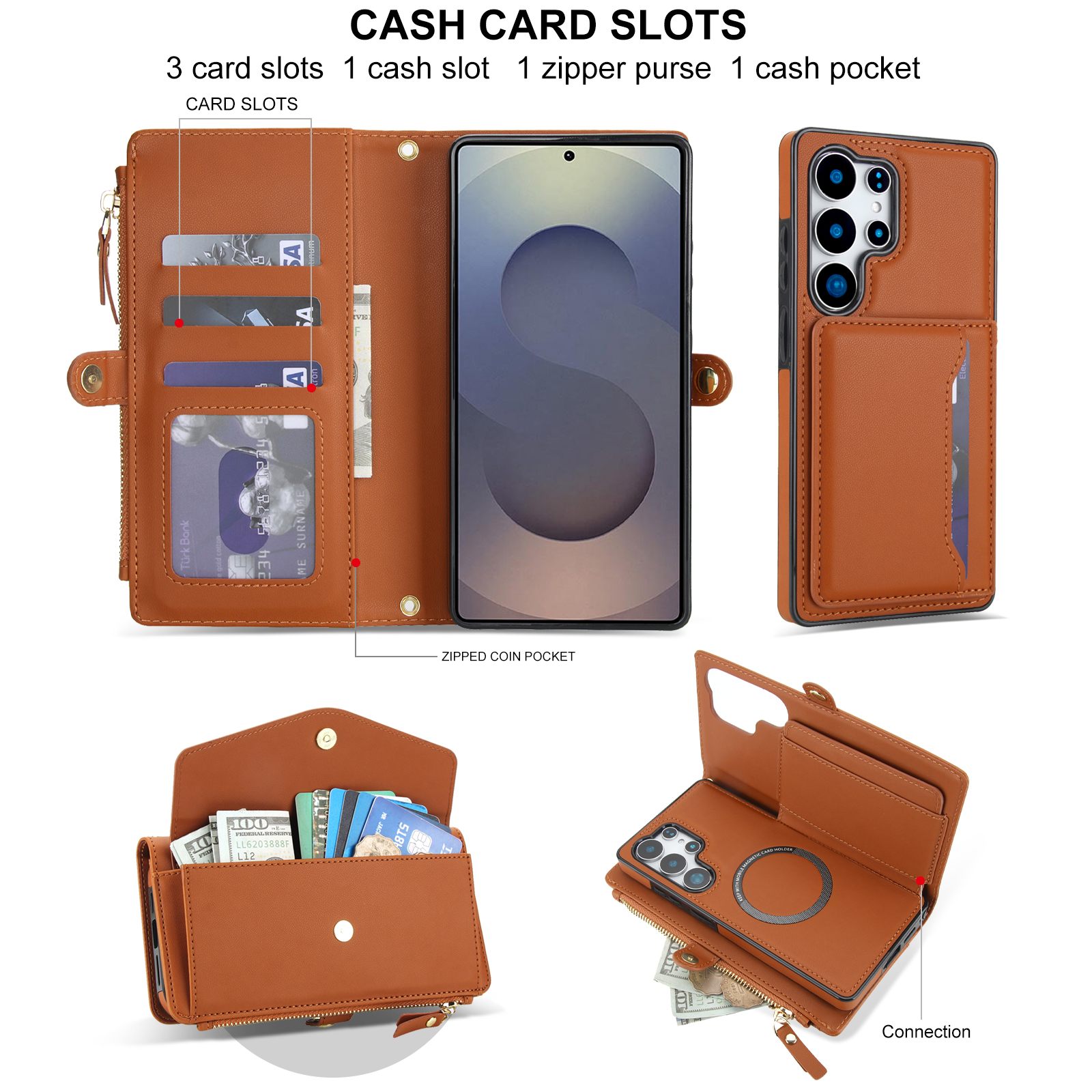 Designed for Samsung Galaxy S24 Multi-Function Wallet Phone Case,With Shoulder Strap&Wrist Strap,Cash Pocket&Card Slots,Zipper Purse,Magnetic Detachable PU Leather Flip Phone Case,Brown