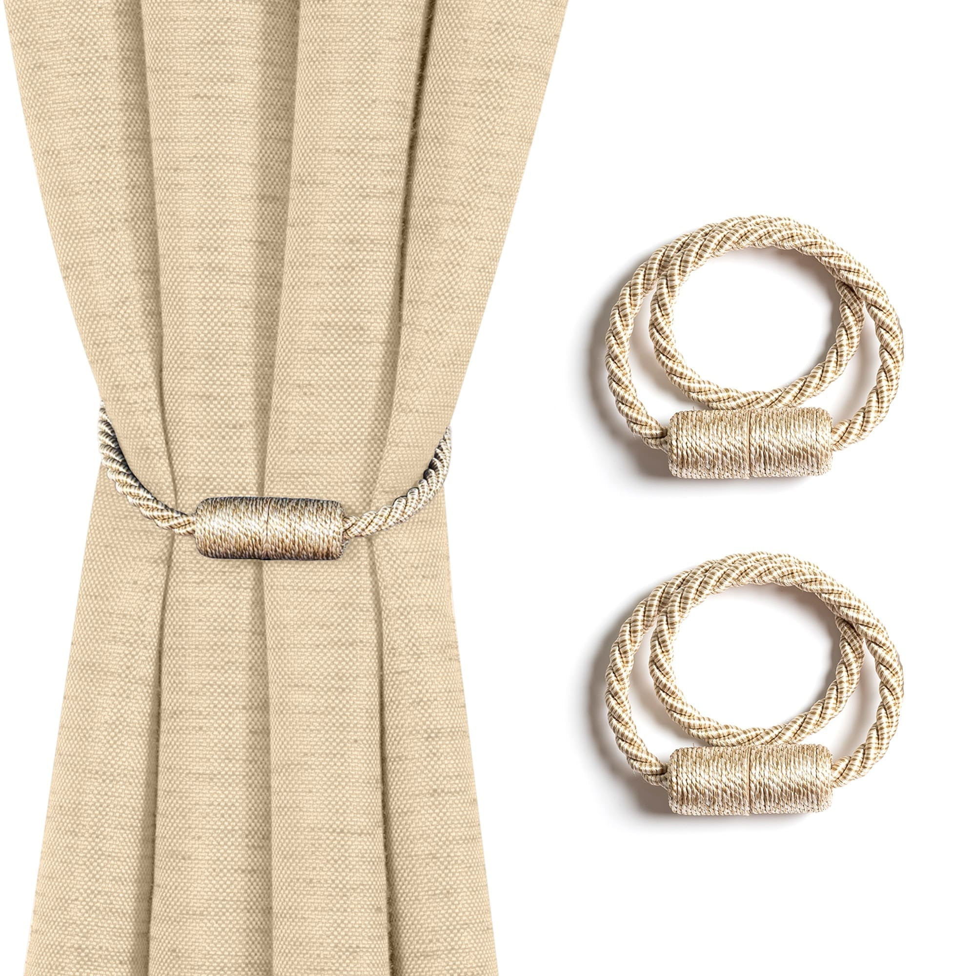 (2 pack) Mainstays 2 Pack Magnetic Tiebacks for Curtain 17.5 Inch Designer Tie Backs Decorative Window Drapery Strong Magnet Twist Rope Holdback for Home Office & Outdoor (Beige)