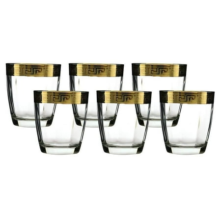 Greek Key Rim - (D) Set of 6 Old-Fashioned DOF Tumblers, 24K Gold Rim, Vintage Greek Key Pattern