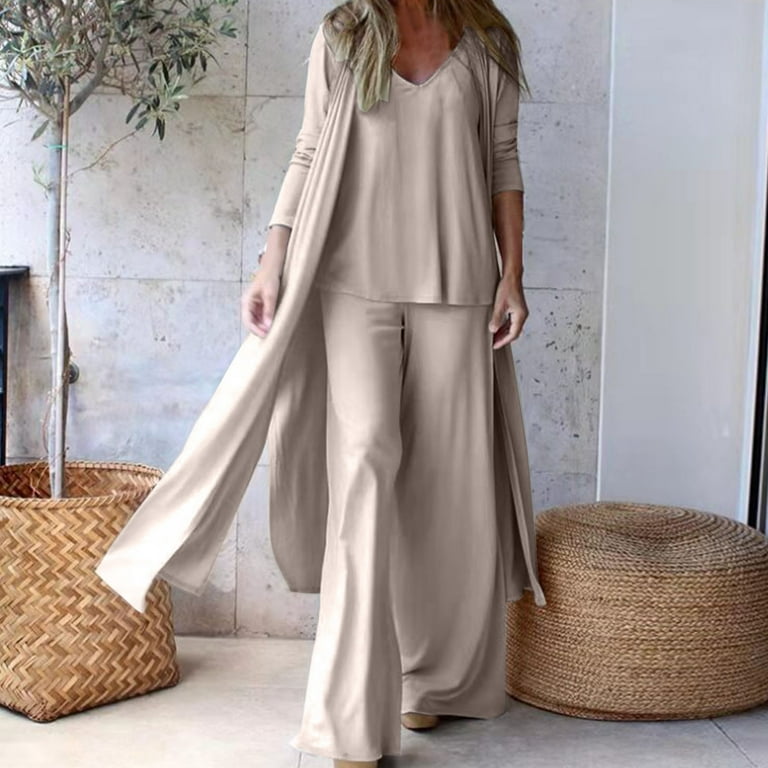 qolati Women s 3 Piece Outfits Casual Long Sleeve Open Front Long Cardigan Coat and Tank Top with wide Legs Pants Lounge Suits 2023 Fall Dress Shirts