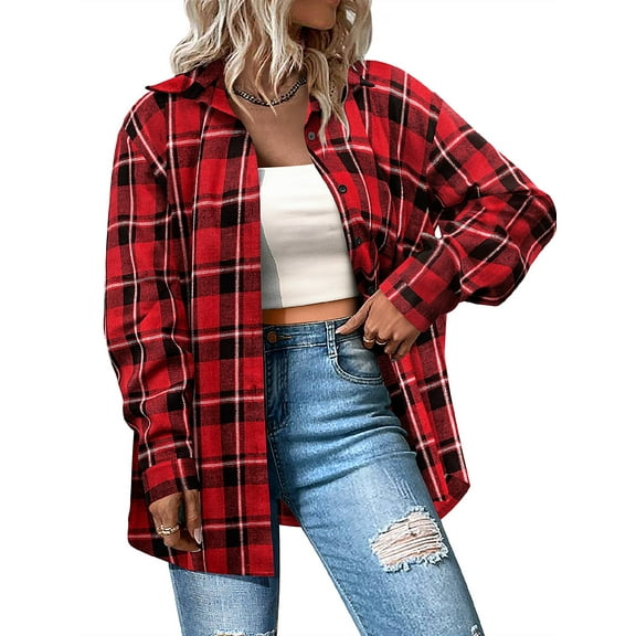 Weardear Plus Size Flannel Shirts for Women Plaid Button Down Shirts Roll Up Long Sleeve Tops